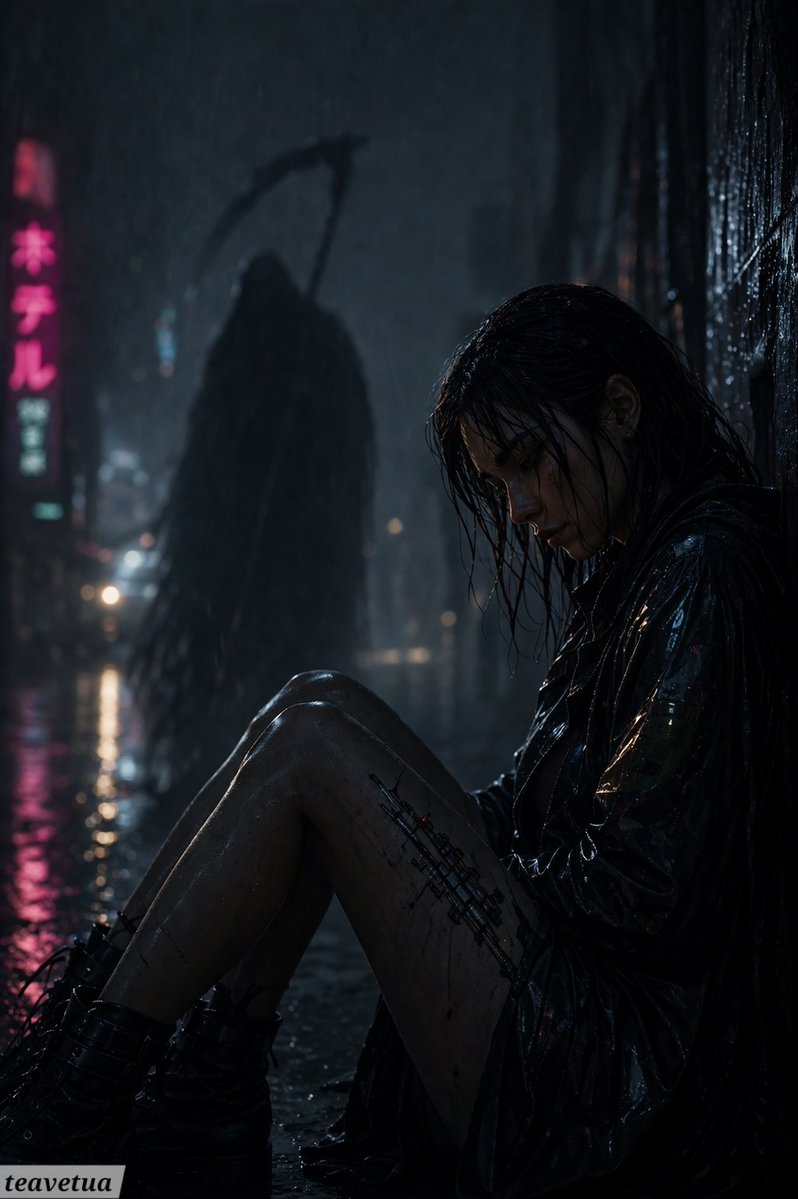 Rainy Alley Grim Reaper Horror Scene のQwen Imageプロンプト例 バリエーション 2: A moody cinematic horror image of a soaked woman in a neon-lit alley with a looming grim reaper, suited for dark...