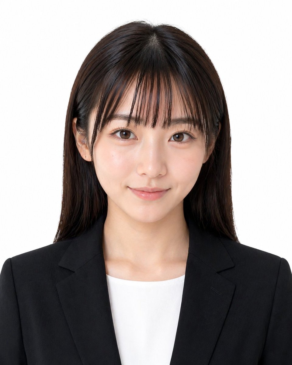Formal Japanese ID Photo Portrait Qwen Image prompt example: A realistic studio-style identification portrait of a professionally dressed young woman, suitable for passport,...