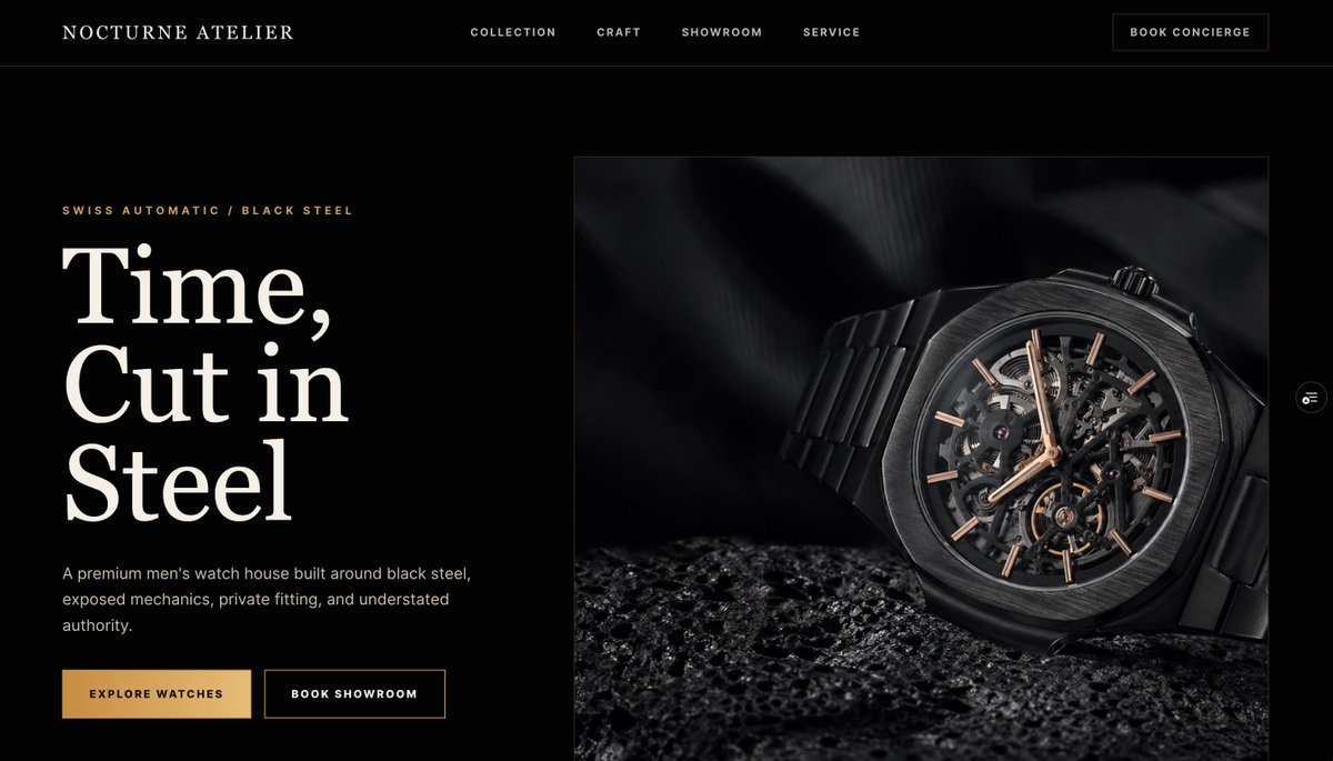 Luxury Watch Hero Web Design GPT Image 2 prompt example: A high-end dark-mode watch brand landing page hero mockup, suitable for luxury ecommerce, frontend concept design, and...