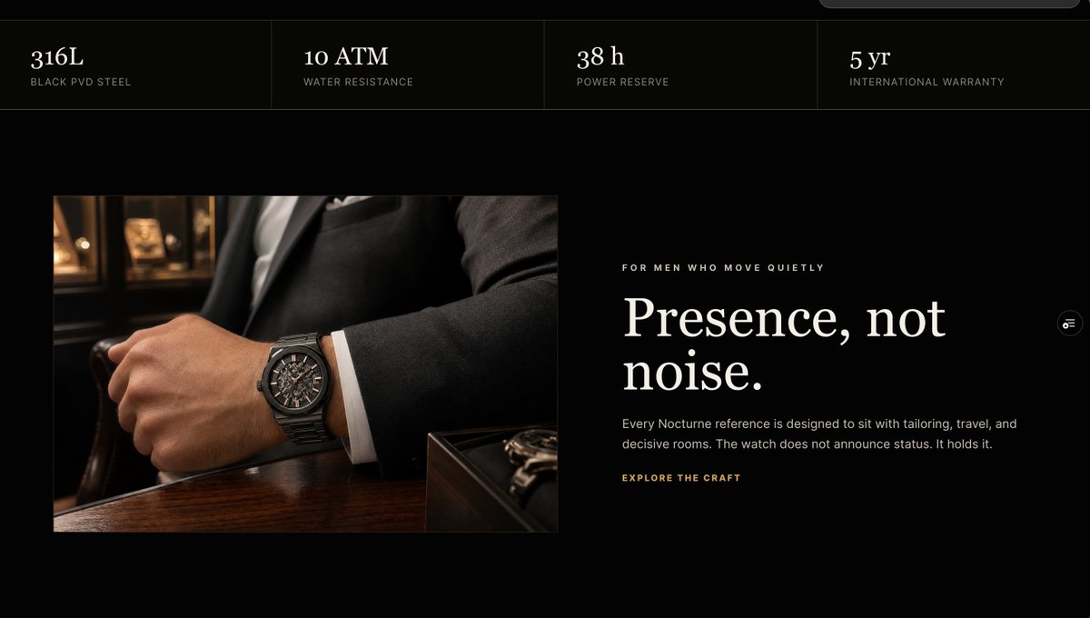 Luxury Watch Hero Web Design GPT Image 2 prompt example variation 2: A high-end dark-mode watch brand landing page hero mockup, suitable for luxury ecommerce, frontend concept...