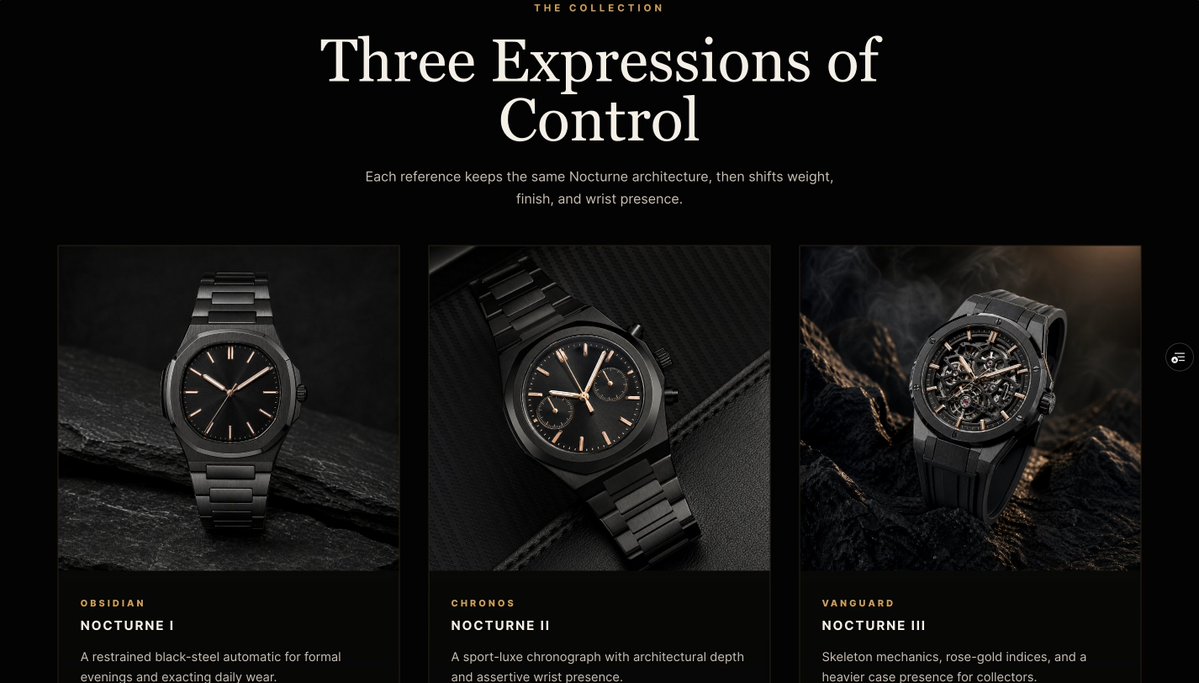 Luxury Watch Hero Web Design GPT Image 2 prompt example variation 3: A high-end dark-mode watch brand landing page hero mockup, suitable for luxury ecommerce, frontend concept...