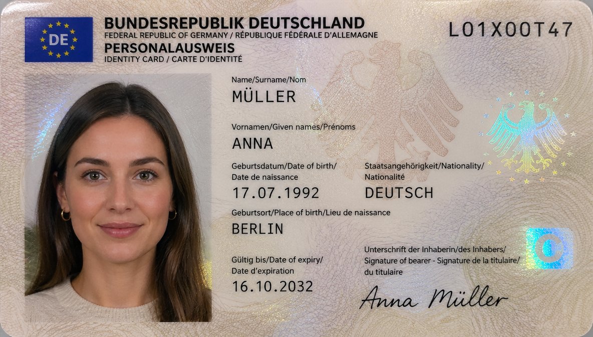 German ID Card Scan Transformation GPT Image 2 prompt example: This prompt turns a photographed German ID card reference into a polished, realistic official document scan with...