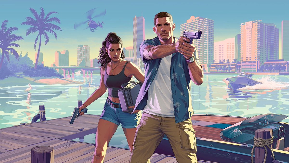 Neon Crime Game Cover at the Marina Qwen Image 프롬프트 예시: This prompt generates a stylized action-game poster scene with two armed protagonists on a dock against a pastel tropical...