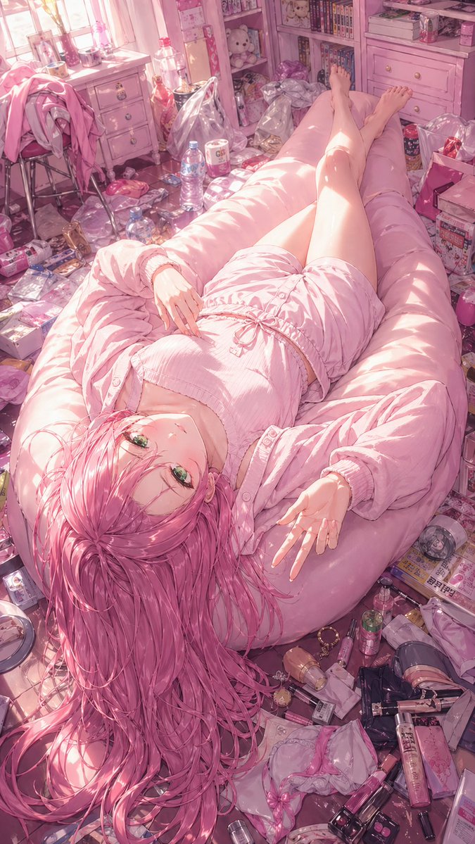 Pink Anime Girl in a Messy Bedroom Qwen Image 프롬프트 예시: A polished anime-style illustration of a pink-haired girl reclining in a cluttered pastel bedroom, ideal for generating...
