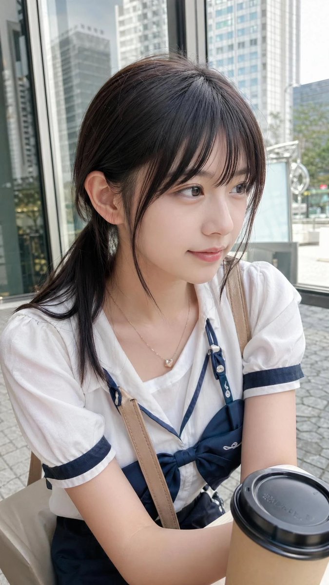 Casual Cafe Portrait in Sailor Blouse Qwen Image prompt example: A realistic everyday smartphone portrait of a young woman in a sailor-style outfit at an outdoor city cafe,...