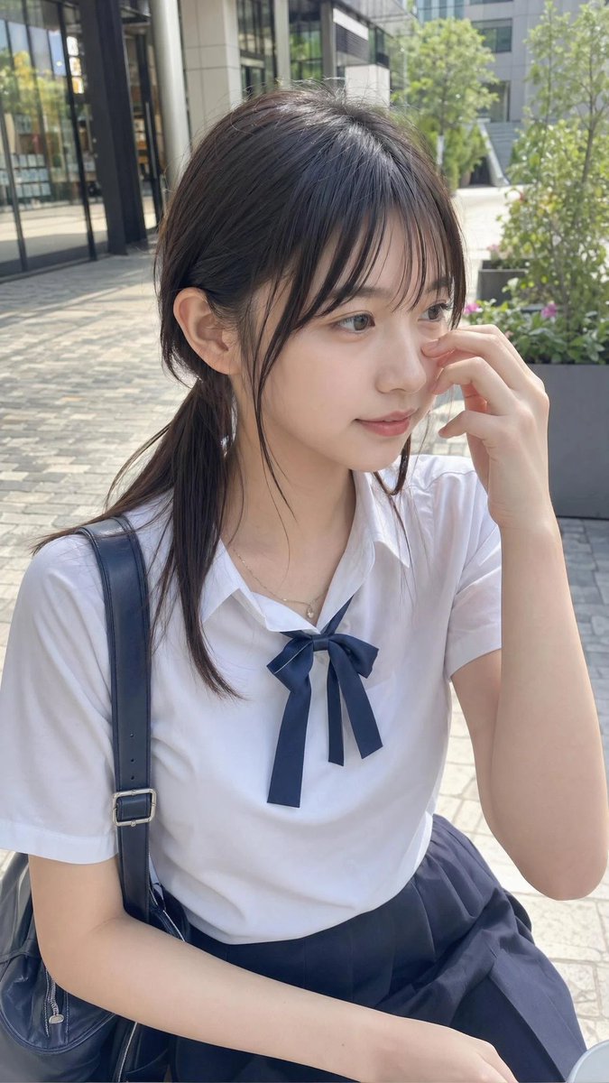Casual Student Uniform Street Photo Qwen Image prompt example: This prompt generates a realistic candid portrait of a modestly dressed young woman in a school-uniform-inspired...