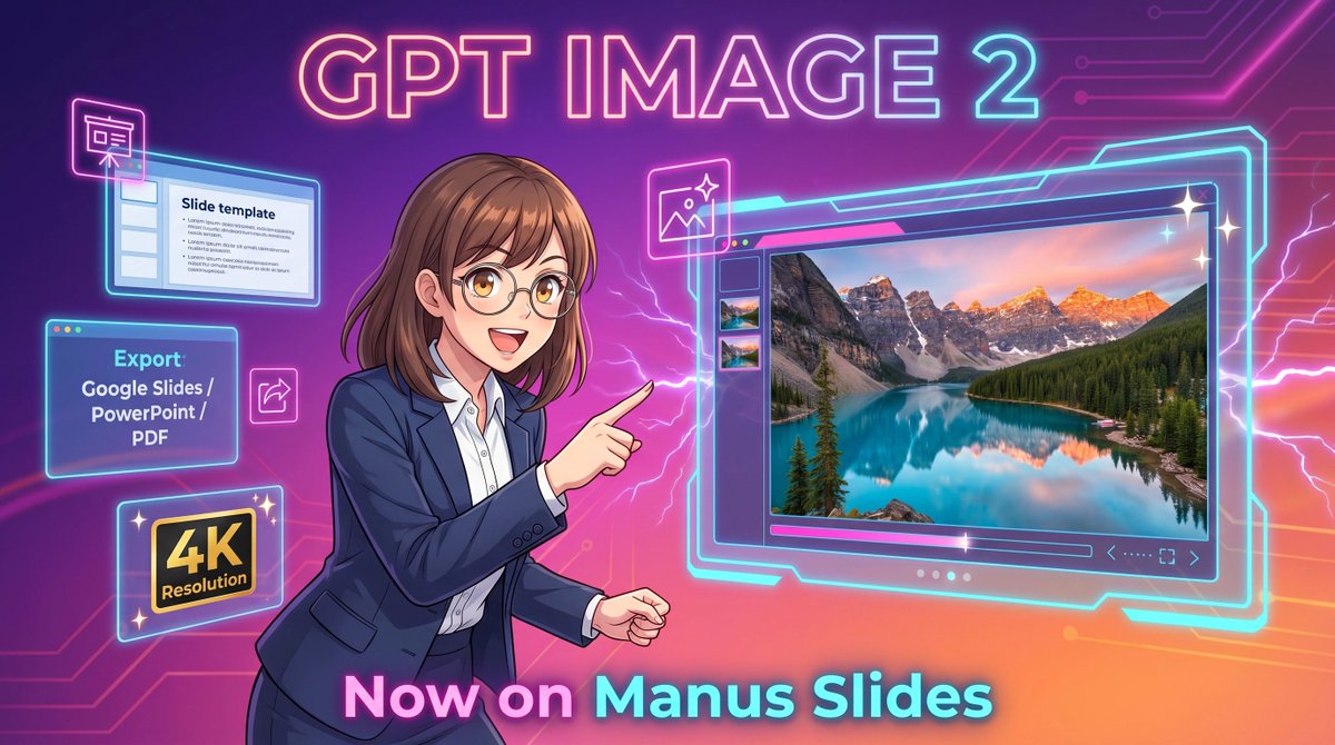 Neon GPT Image 2 Promo Poster のQwen Imageプロンプト例: This prompt generates a futuristic anime-style promotional banner for AI image generation in presentation software, ideal for...
