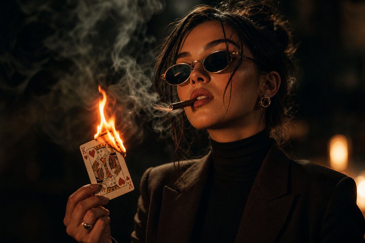 Moody Noir Portrait Qwen Image 프롬프트 예시: A professional photography prompt for a cinematic noir-style portrait featuring dramatic fire glow, smoke, and a stylish subject.
