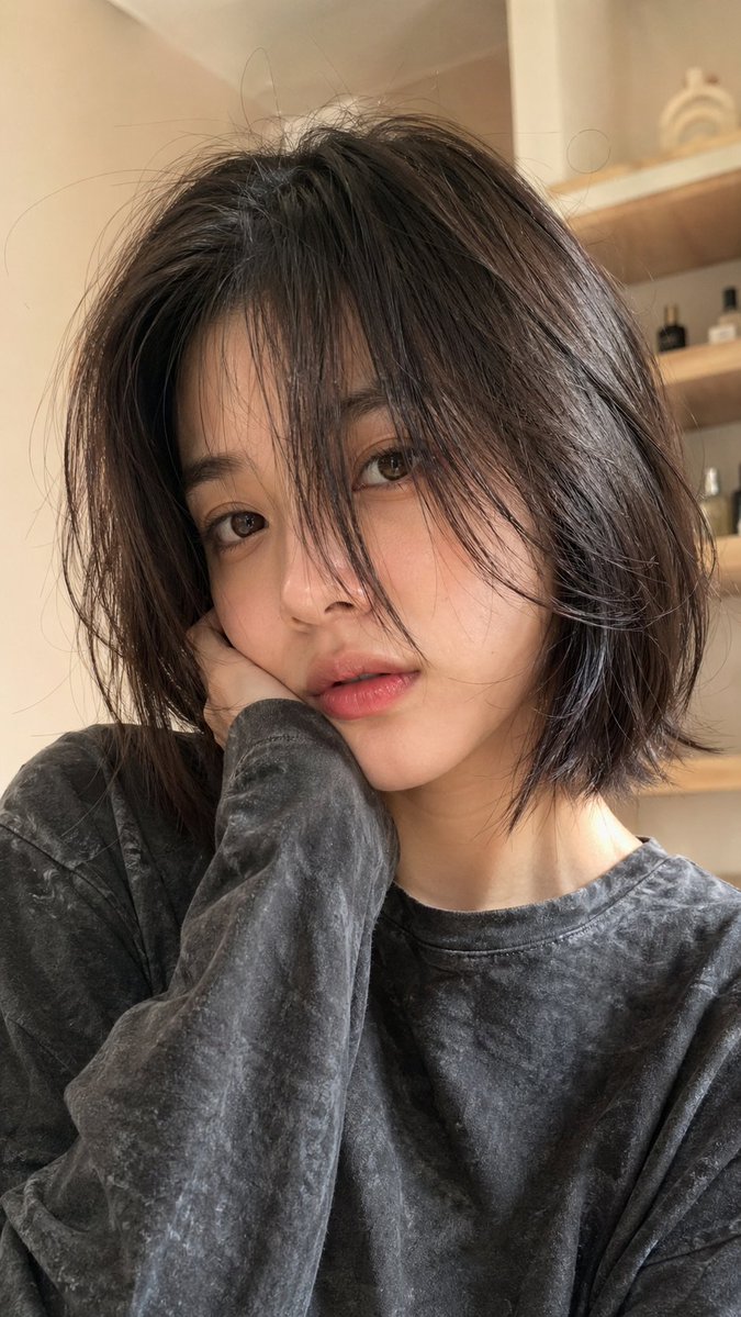Hyper-Realistic Selfie Portrait Qwen Image 프롬프트 예시: A highly detailed portrait prompt focusing on realistic skin textures, specific hair styling, and a casual selfie composition.