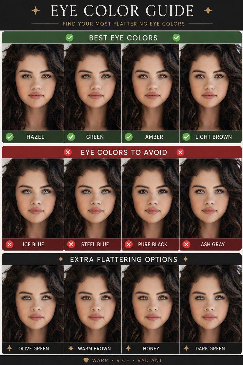 Eye Color Analysis Guide Qwen Image 프롬프트 예시: A prompt for creating a professional beauty guide that analyzes different eye colors on a subject with side-by-side comparisons.