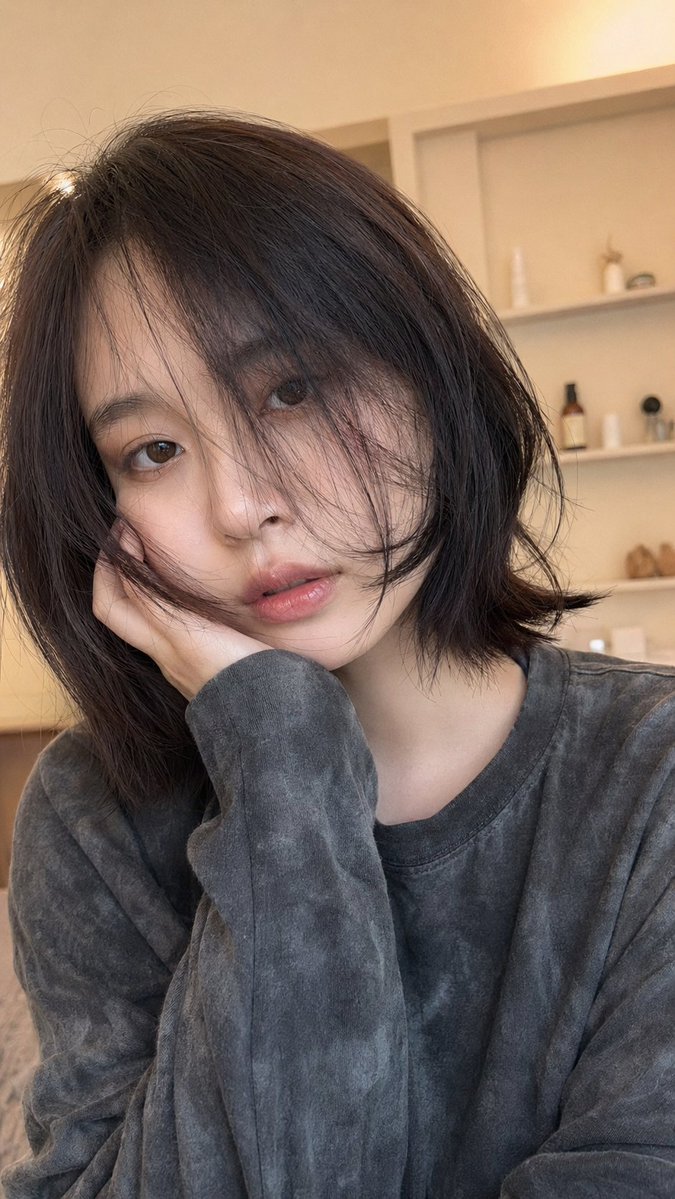 Hyper-Realistic Selfie Portrait Qwen Image 프롬프트 예시 변형 2: A highly detailed portrait prompt focusing on realistic skin textures, specific hair styling, and a casual selfie...