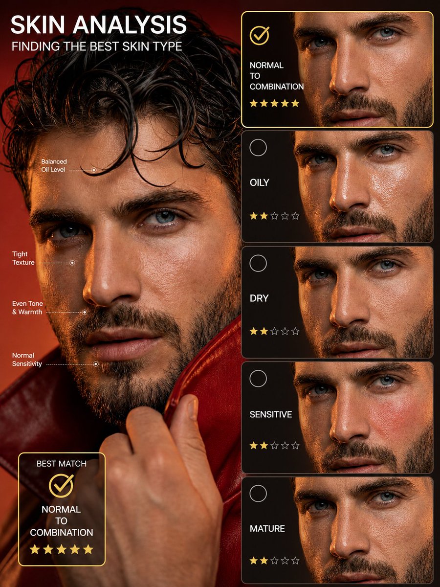 Skin Type Analysis Graphic GPT Image 2 prompt example: A prompt for generating a visual skin analysis comparison chart based on a portrait to identify the best skin type for a...