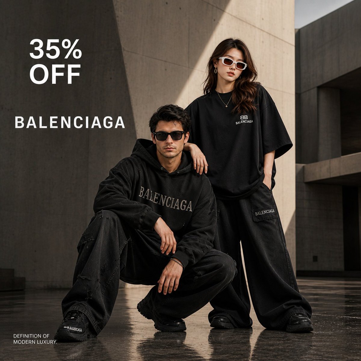 Luxury High-Fashion Brand Advertisement GPT Image 2 prompt example: A detailed prompt for creating a minimalist, brutalist high-fashion luxury advertisement featuring models in a...