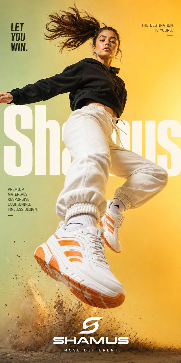 Premium Streetwear Sneaker Poster GPT Image 2 prompt example: A high-end advertisement prompt for sneakers featuring dynamic action posing, bold typography, and cinematic lighting.