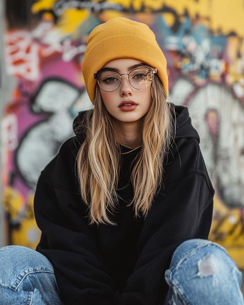Urban Street Fashion Portrait 的 Qwen Image 提示词示例图:A clean prompt for an urban street portrait featuring a stylized subject with bokeh graffiti background and soft natural lighting.