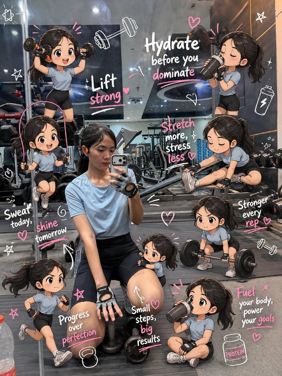 Chibi Mini Versions Photo Edit Qwen Image prompt example: A prompt to add multiple cute chibi-style mini versions of a person into an existing gym photo, performing various...