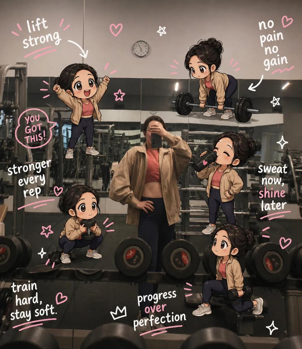 Chibi Mini Versions Photo Edit Qwen Image prompt example variation 2: A prompt to add multiple cute chibi-style mini versions of a person into an existing gym photo, performing...