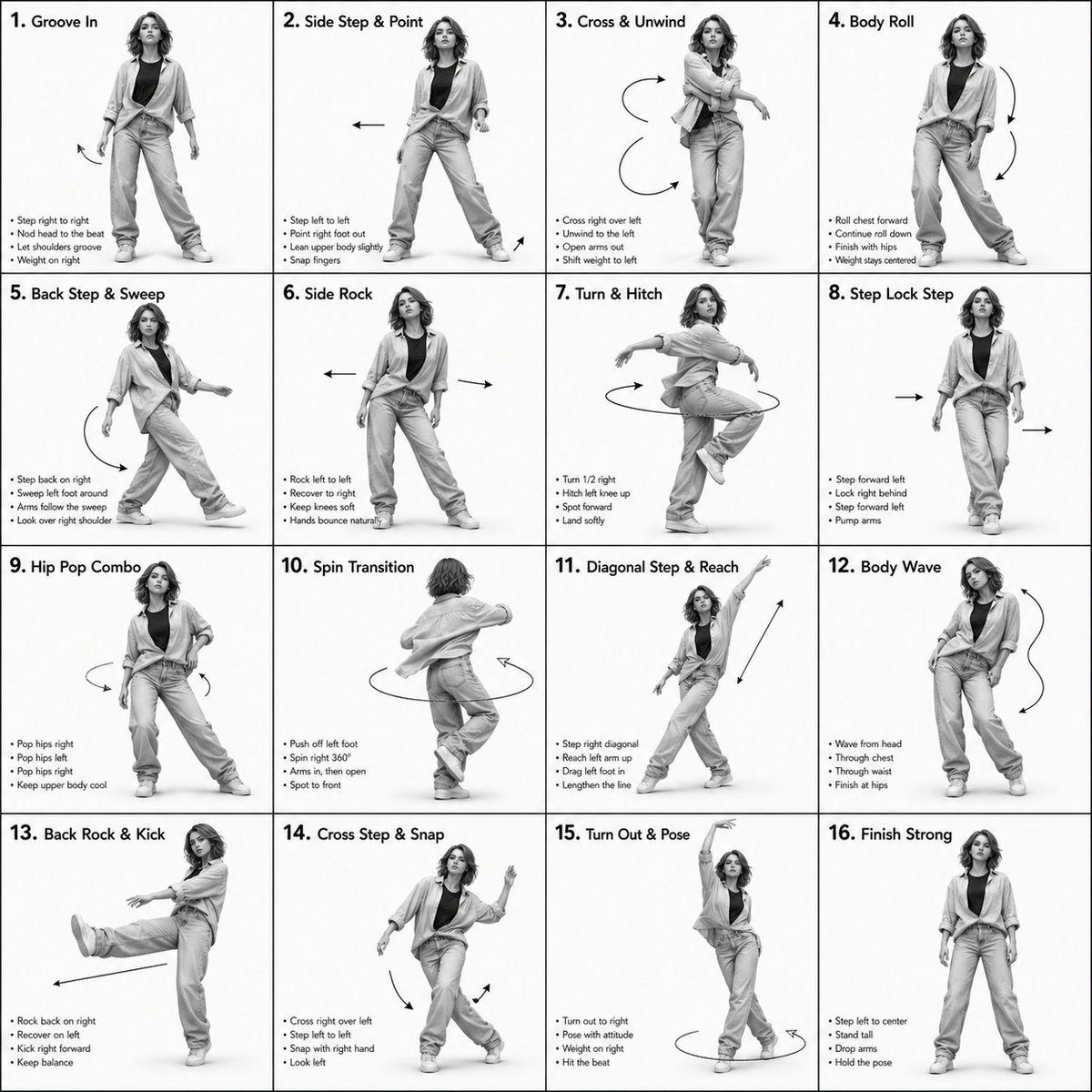 3D Rendered Dance Sequence Guide 的 Qwen Image 提示词示例图:A prompt for a professional choreography guide showing a female dancer's movements in a 4x4 grid, emphasizing technical...