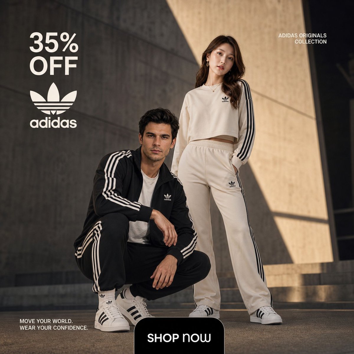 Adidas Originals Fashion Ad Qwen Image prompt example: A high-end commercial advertisement prompt for Adidas Originals, featuring a male and female model in an urban...