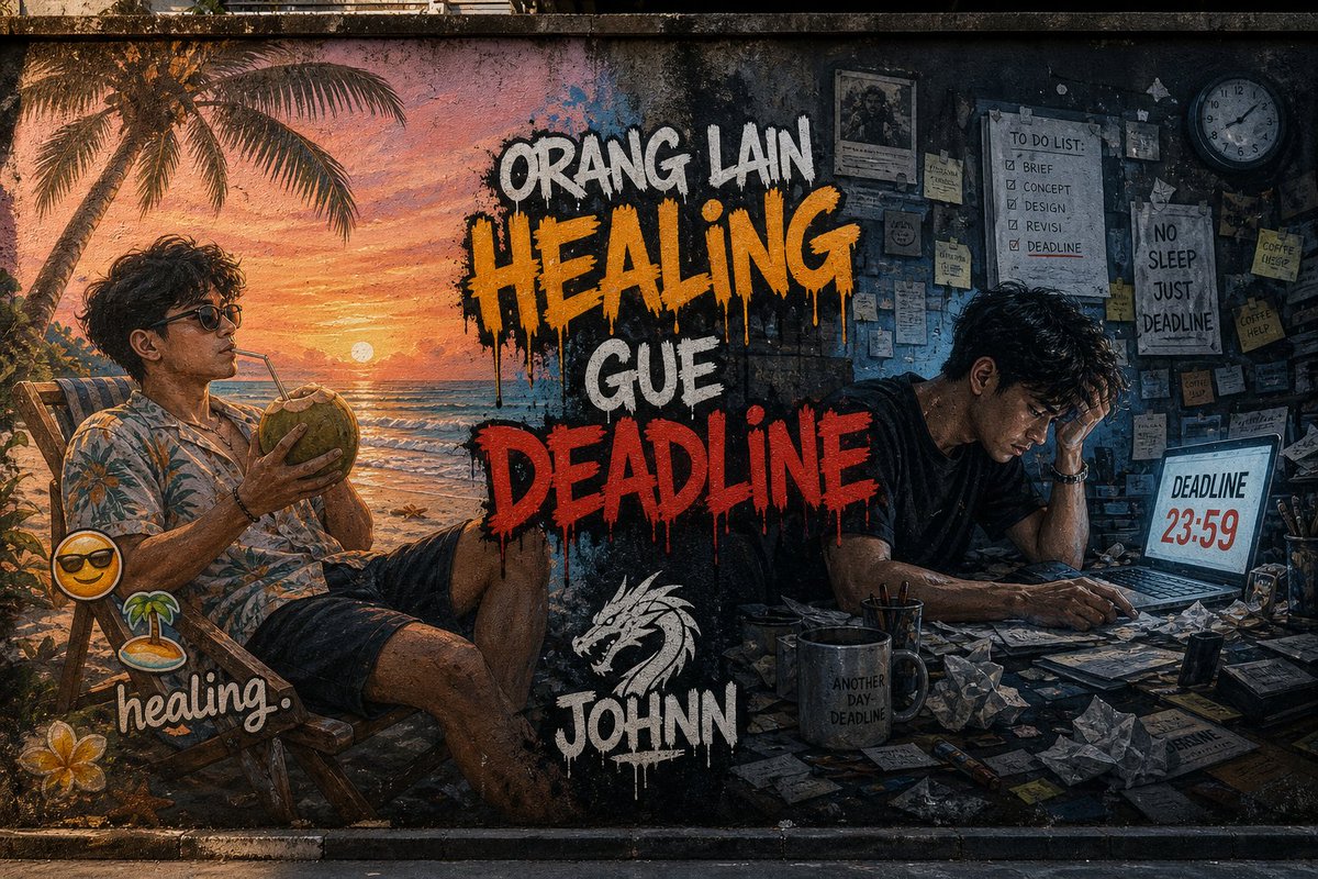 Contrast Street Art Mural Qwen Image prompt example: A dramatic split-composition mural prompt contrasting a relaxing tropical beach scene with a high-pressure, cluttered...