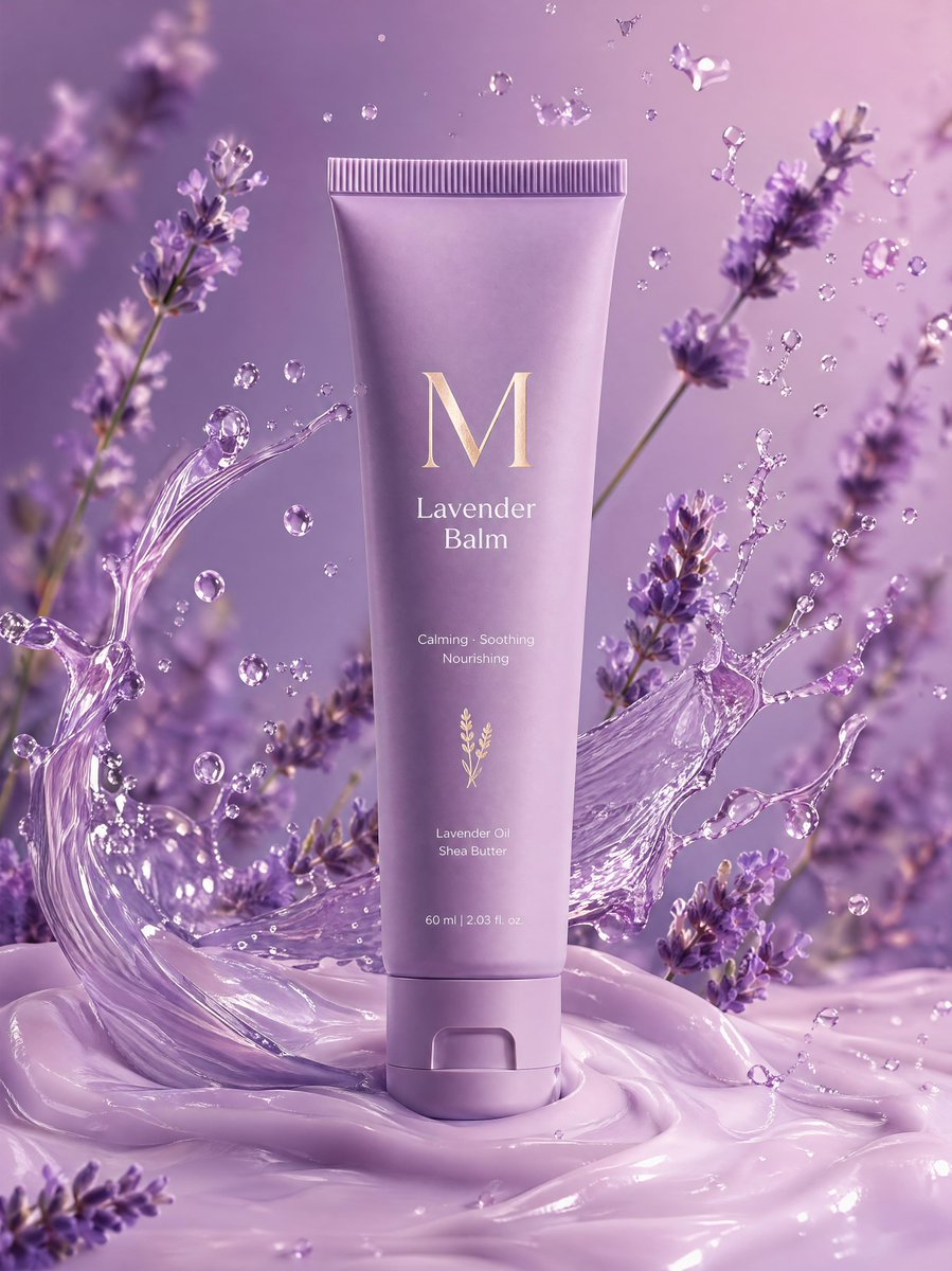 Premium Lavender Balm Product Shot Qwen Image prompt example: A high-end product photography prompt for a lavender balm tube featuring motion blur and mid-air oil splashes for a...
