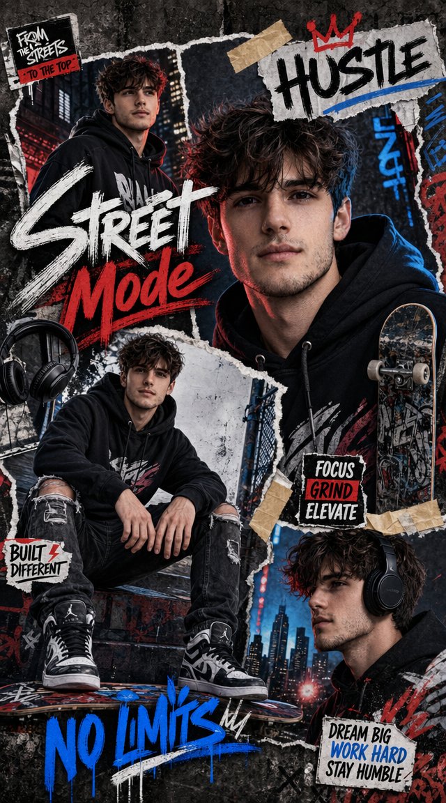 Urban Streetwear Collage のQwen Imageプロンプト例: An energetic urban-themed collage prompt featuring streetwear fashion, graffiti, and neon accents.