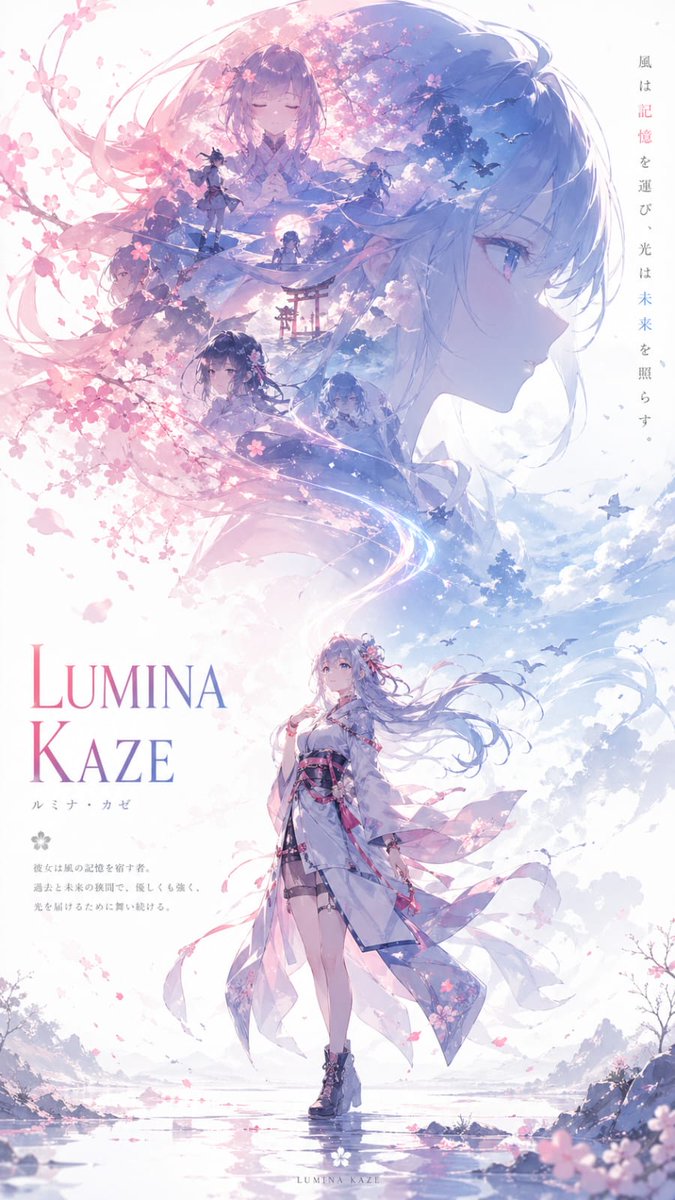 Anime Double-Exposure Poster GPT Image 2 prompt example variation 2: A creative cinematic poster prompt for anime characters using double-exposure storytelling and cherry blossom...