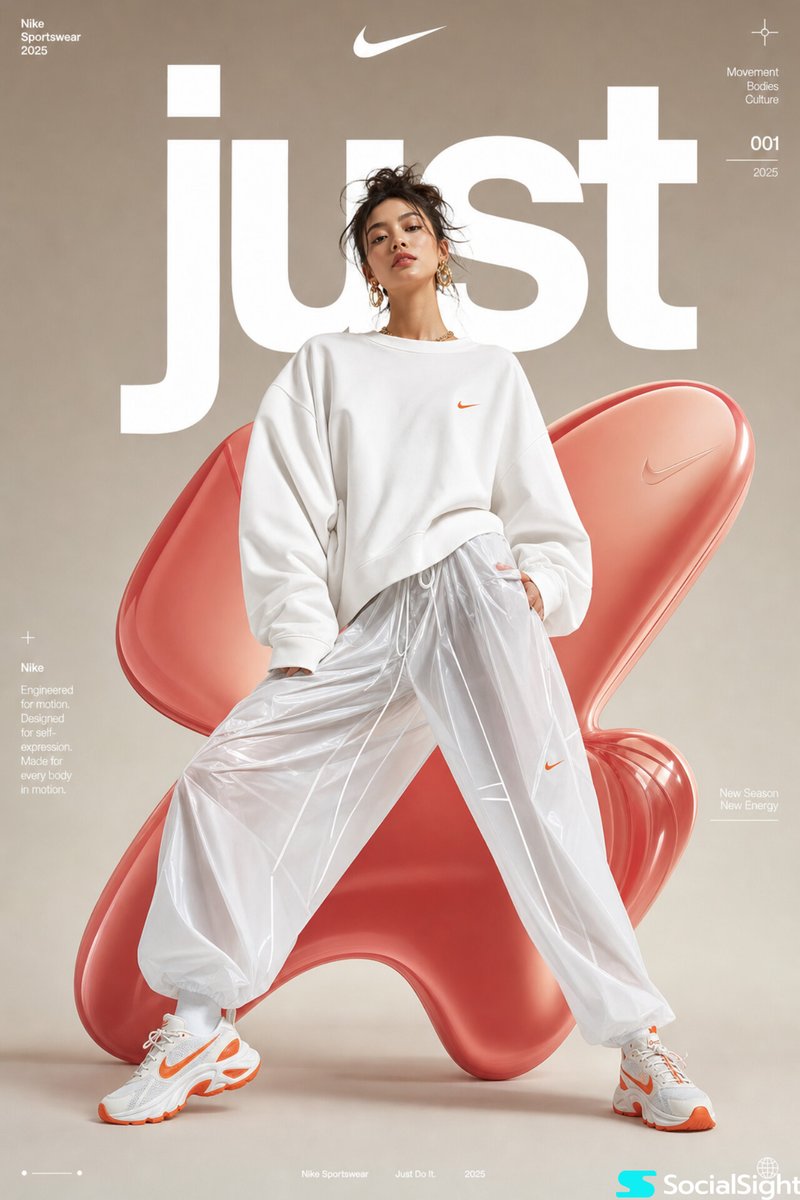 Futuristic Sportswear Fashion Poster のQwen Imageプロンプト例: A high-fashion futuristic sportswear editorial prompt featuring abstract organic shapes and bold typography.