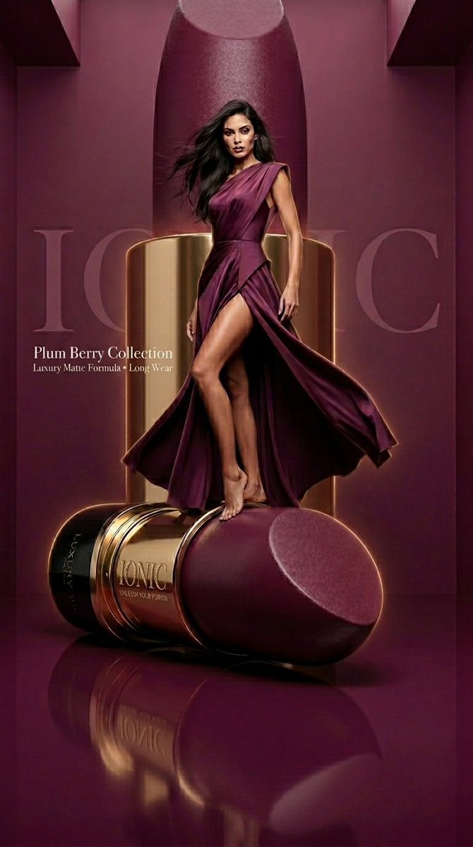 Monochromatic Beauty Lipstick Campaign のQwen Imageプロンプト例: A high-fashion monochromatic beauty campaign prompt featuring an elegant model atop a monumental lipstick pedestal with...