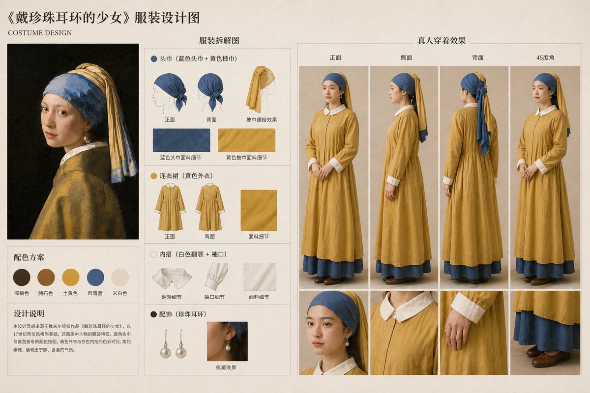 Painting-to-Fashion Design Prompt 的 GPT Image 2 提示词示例图：A sophisticated prompt that deconstructs the clothing and style of characters from master paintings or photos to create a...