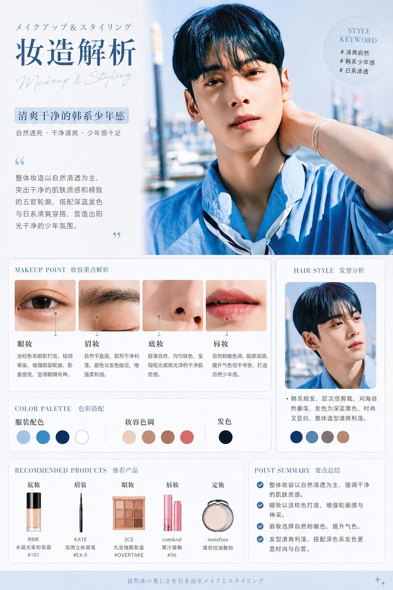 Korean Style Makeup Analysis Chart GPT Image 2 prompt example: An image generation prompt that analyzes cosmetics from an uploaded photo to create a Japanese-style makeup...