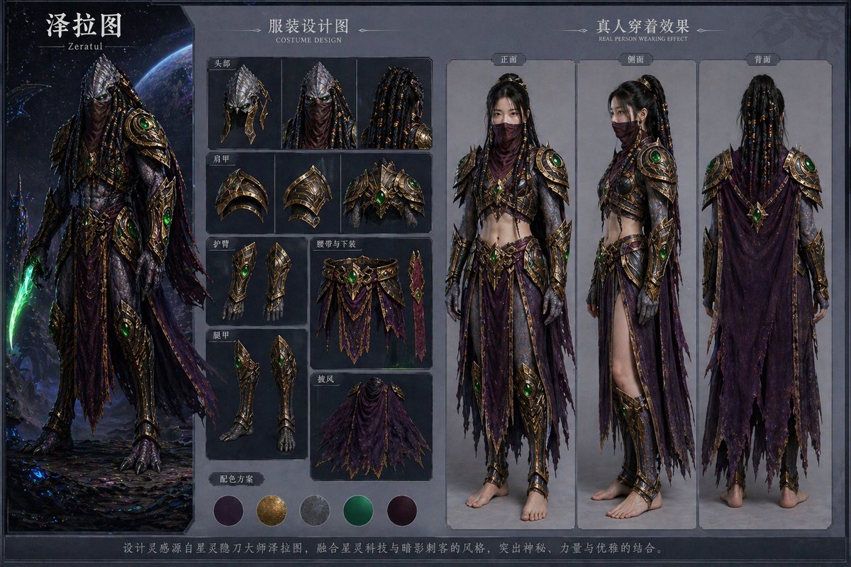 Character Costume Design Transfer Qwen Image prompt example: Deconstructs specific character costumes from an image and applies the design to a new subject model.