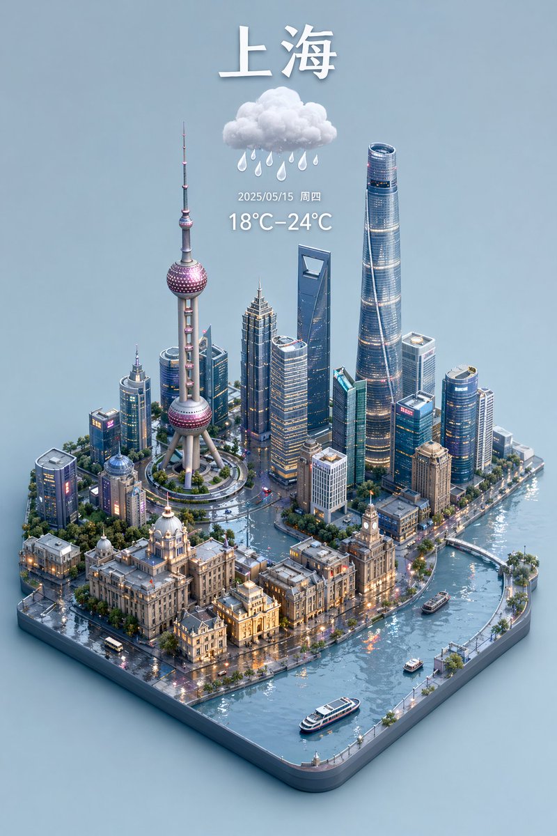 3D Isometric Miniature City Weather Map 的 GPT Image 2 提示词示例图:Generates a 3D isometric city map with accurate text rendering of weather information and landmarks.