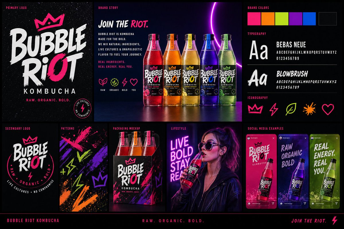 Modern Brand Identity Board Qwen Image 프롬프트 예시: A concise prompt for generating a complete brand style guide or identity board with neon lighting and youthful aesthetics.