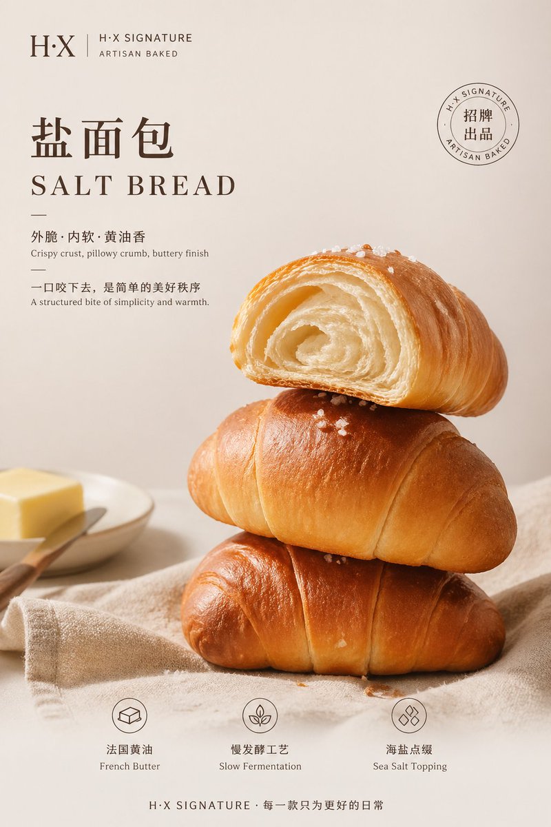 Bakery Product Poster Template 的 REVE 2 提示词示例图 变化图 2：A highly structured prompt template for generating professional bakery posters, covering brand naming, layout, lighting, and...