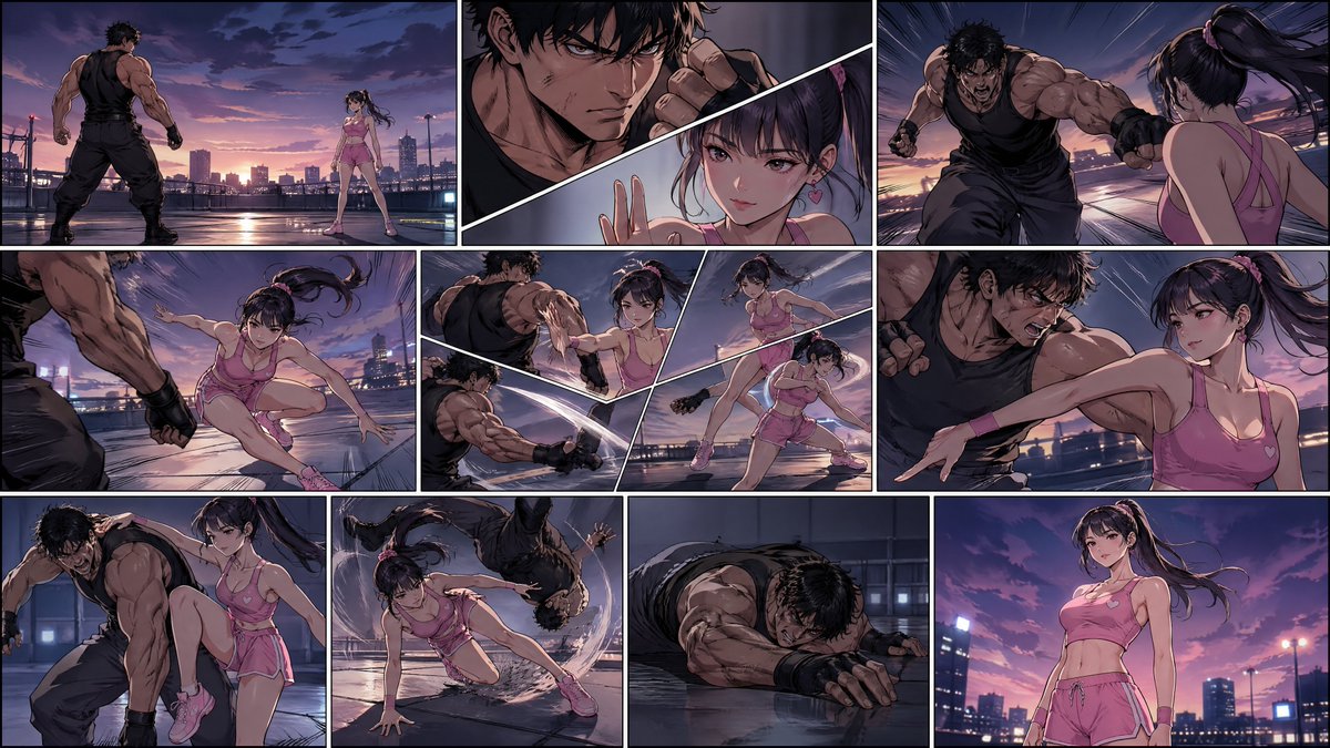 Manhwa Style Fighting Storyboard GPT Image 2 prompt example: A complex cinematic storyboard prompt for a fighting scene in Korean manhwa style, featuring detailed panel-by-panel...