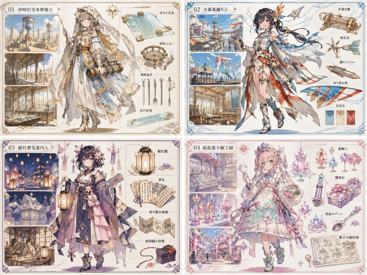 Anime World Building and Character Sheet GPT Image 2 prompt example: A highly detailed template for creating comprehensive setting materials for original anime worlds, including...