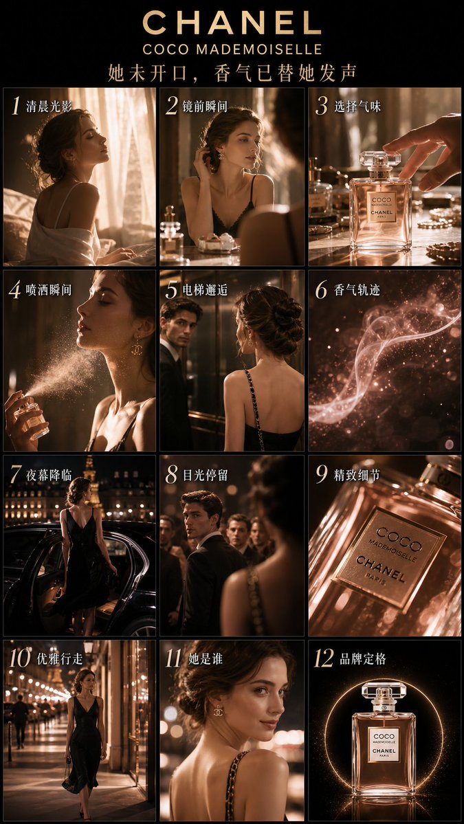 Luxury Perfume Advertising Storyboard 的 GPT Image 2 提示词示例图:Generates a sophisticated 12-frame storyboard for a high-end perfume commercial, featuring elegant French aesthetics...