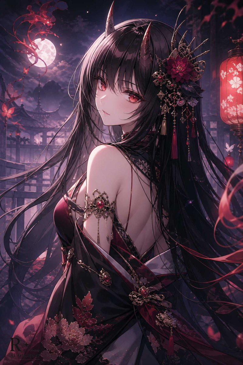 Fantasy Oni Girl Anime Illustration Qwen Image prompt example: An anime-style prompt for a high-quality fantasy illustration featuring an Oni girl with long black hair and a...