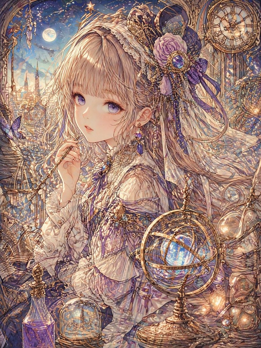 Delicate Line Art and Watercolor Glaze Qwen Image prompt example: A technical prompt for generating high-density line art with watercolor textures, metallic highlights, and a...