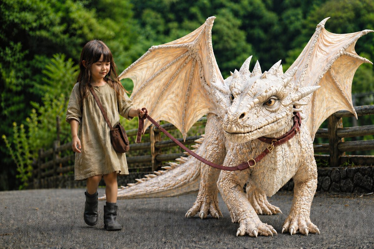 Girl Walking a Giant Cream Dragon Qwen Image prompt example: A cinematic, photorealistic prompt for generating an image of a young girl walking a massive cream-colored dragon in...