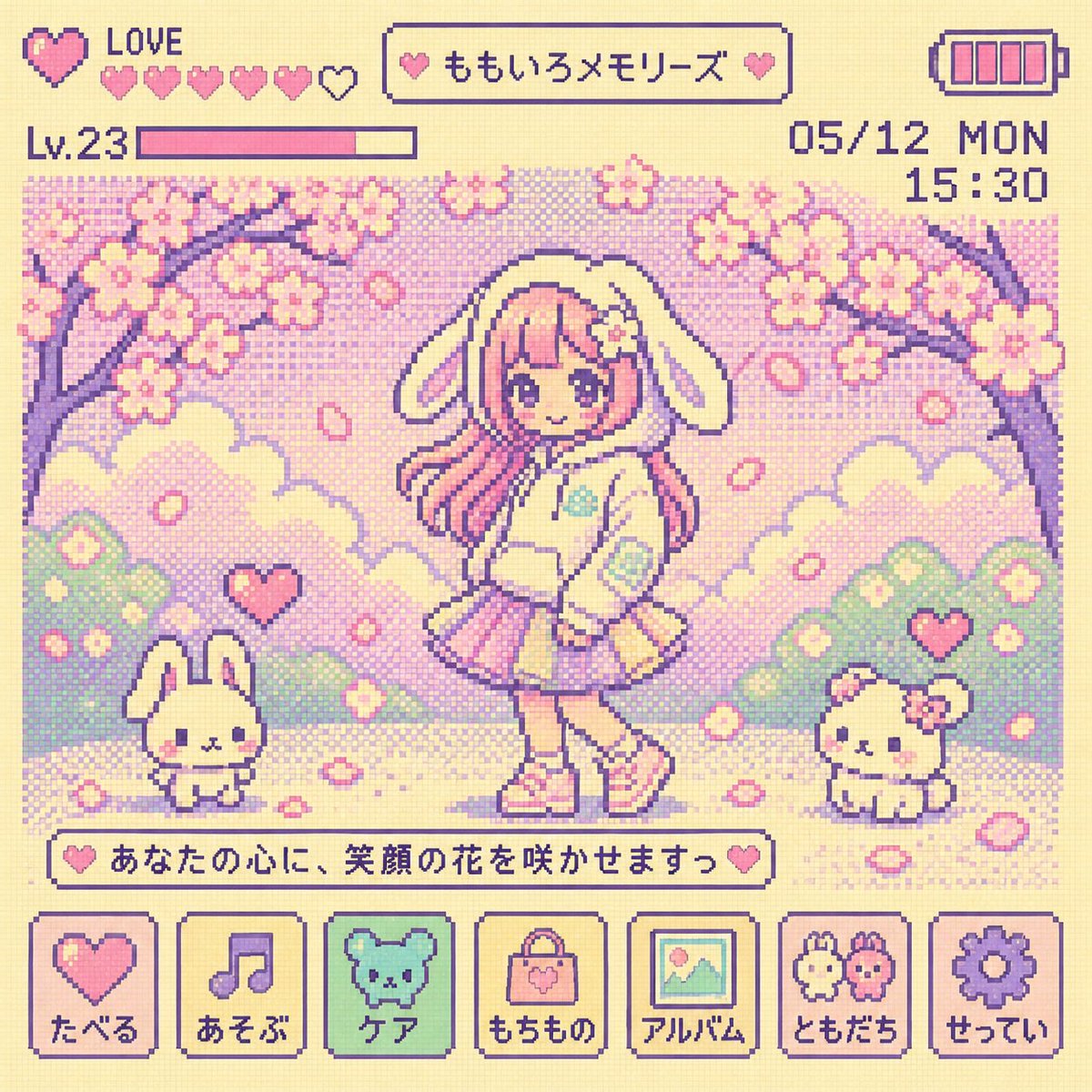 Y2K Tamagotchi LCD Filter のQwen Imageプロンプト例: Converts a standard image into a retro 90s Tamagotchi 8-bit pixel art screen with authentic UI elements.