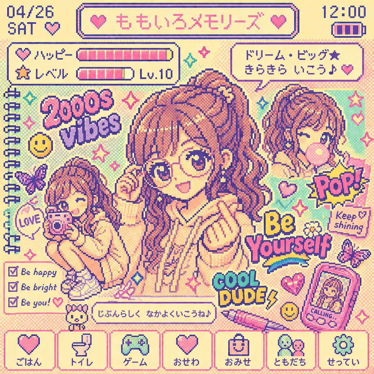 Y2K Tamagotchi LCD Filter のQwen Imageプロンプト例 バリエーション 2: Converts a standard image into a retro 90s Tamagotchi 8-bit pixel art screen with authentic UI elements.
