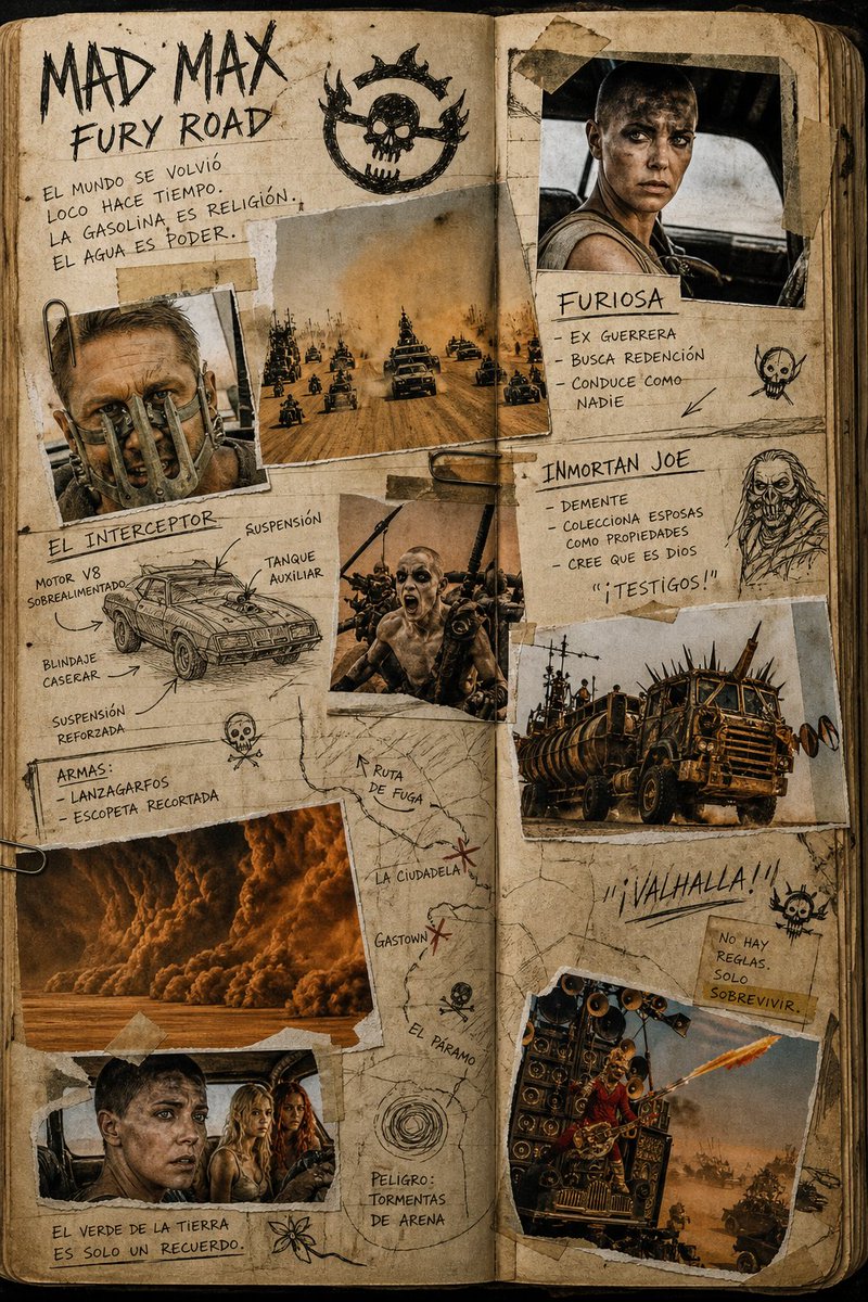 Mad Max Journal Scrapbook Style GPT Image 2 prompt example: A creative prompt for generating a scrapbook-style image themed around Mad Max: Fury Road, featuring collages and...