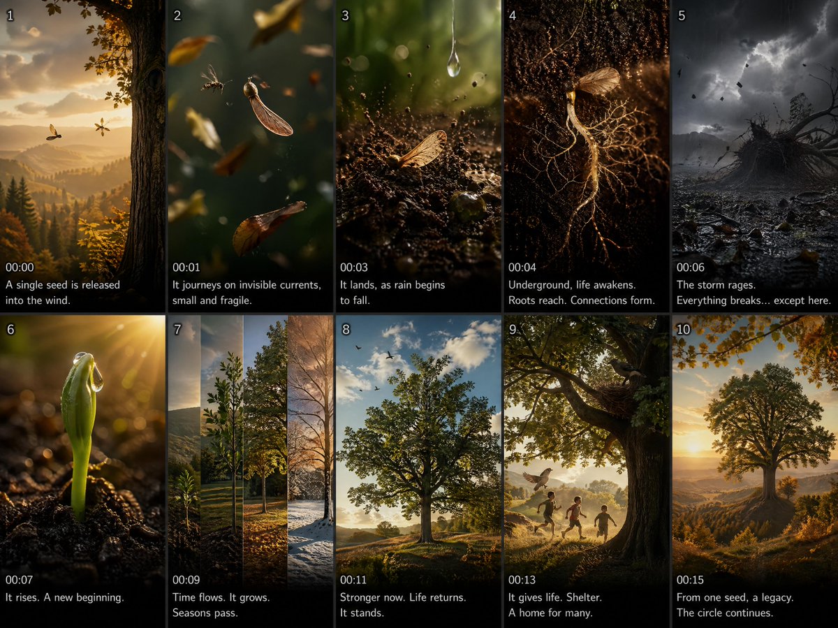 Cinematic Seed Life Storyboard GPT Image 2 prompt example: A complex 10-frame storyboard grid for a photorealistic nature documentary aesthetic, visualizing the journey of a seed...
