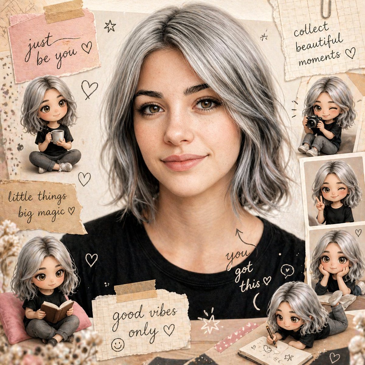 Scrapbook Chibi Transformation Qwen Image prompt example: A prompt that transforms a reference image into a cozy scrapbook style, adding mini chibi versions of the person and...