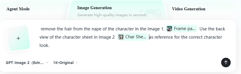 AI Artifact Removal Instruction Qwen Image prompt example: Technical instructions for removing unwanted hair artifacts from character shots using GPT Image 2 by referencing...