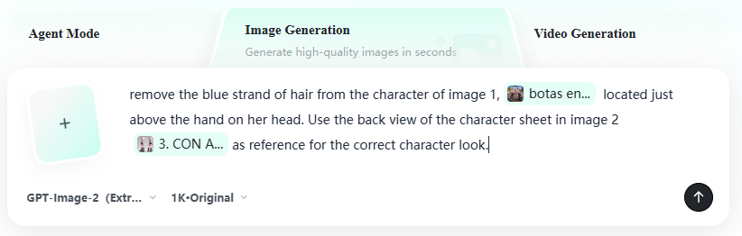 AI Artifact Removal Instruction Qwen Image prompt example variation 2: Technical instructions for removing unwanted hair artifacts from character shots using GPT Image 2 by...