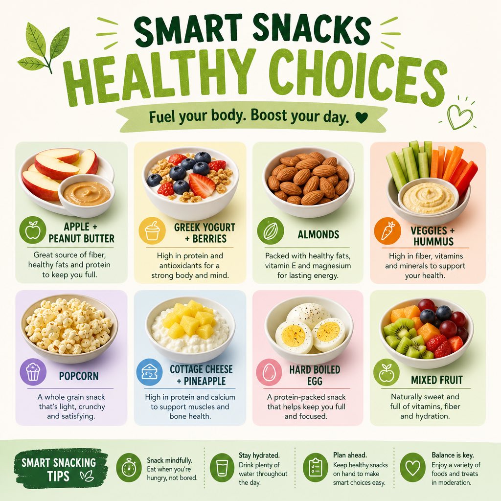 Healthy Smart Snacks Infographic GPT Image 2 prompt example: A square wellness infographic showcasing 8 healthy snack ideas and 4 smart snacking tips, ideal for nutrition...