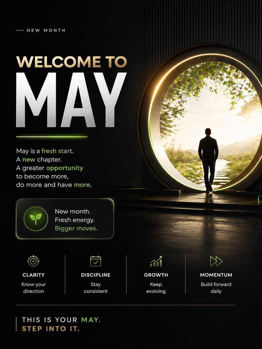 Motivational Welcome to May Poster 的 GPT Image 2 提示词示例图:A cinematic dark-themed inspirational poster for new-month motivation, ideal for social media posts, personal branding,...